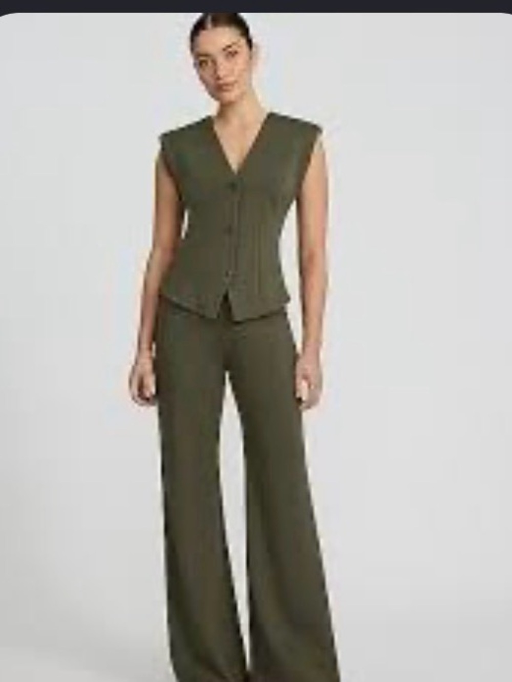 Sleeveless V-Neck Button Front Vest in Olive Green - Picture 3 of 3